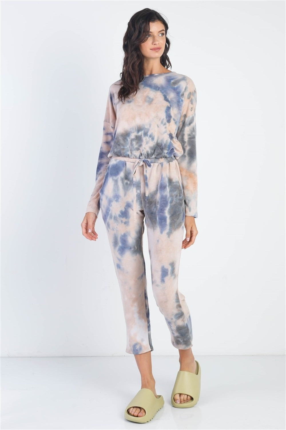 Cherish Apparel Tie-Dye Round Neck Long Sleeve Jumpsuit - UrbanEthereal