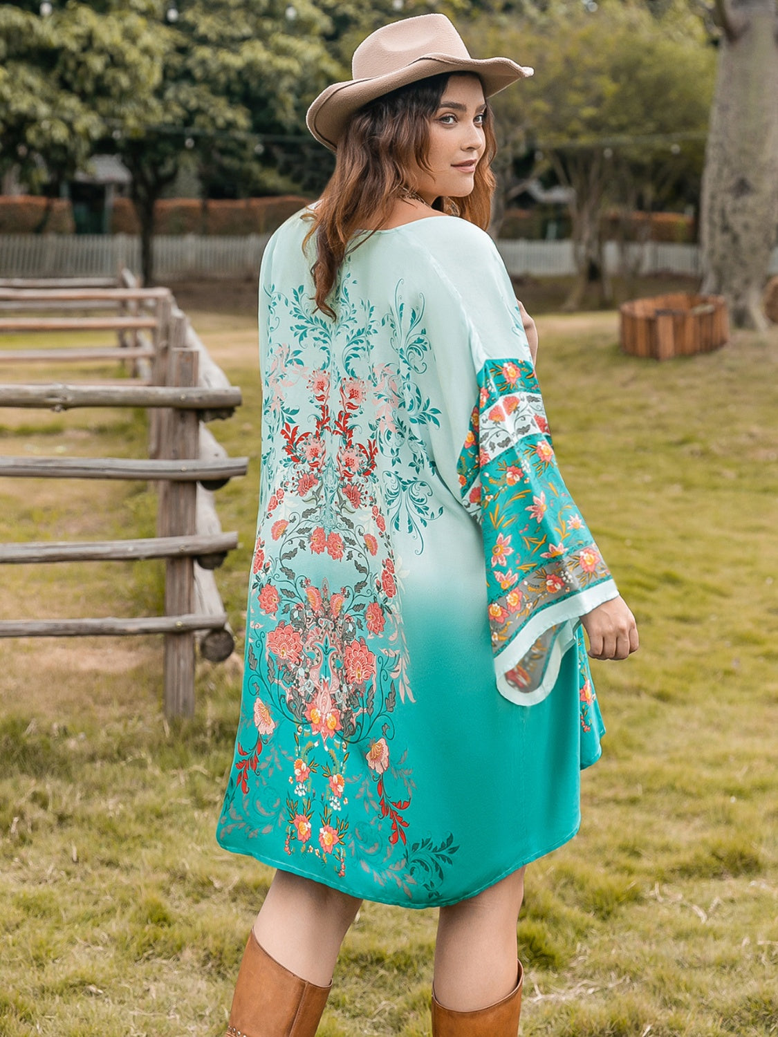 Plus Size Printed Open Front Long Sleeve Cover Up - UrbanEthereal