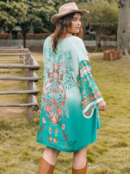 Plus Size Printed Open Front Long Sleeve Cover Up - UrbanEthereal