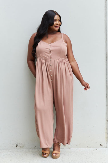 HEYSON All Day Full Size Wide Leg Button Down Jumpsuit in Mocha - UrbanEthereal