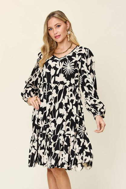 Double Take Full Size Printed Ruffle Hem Dress with Pocket - UrbanEthereal