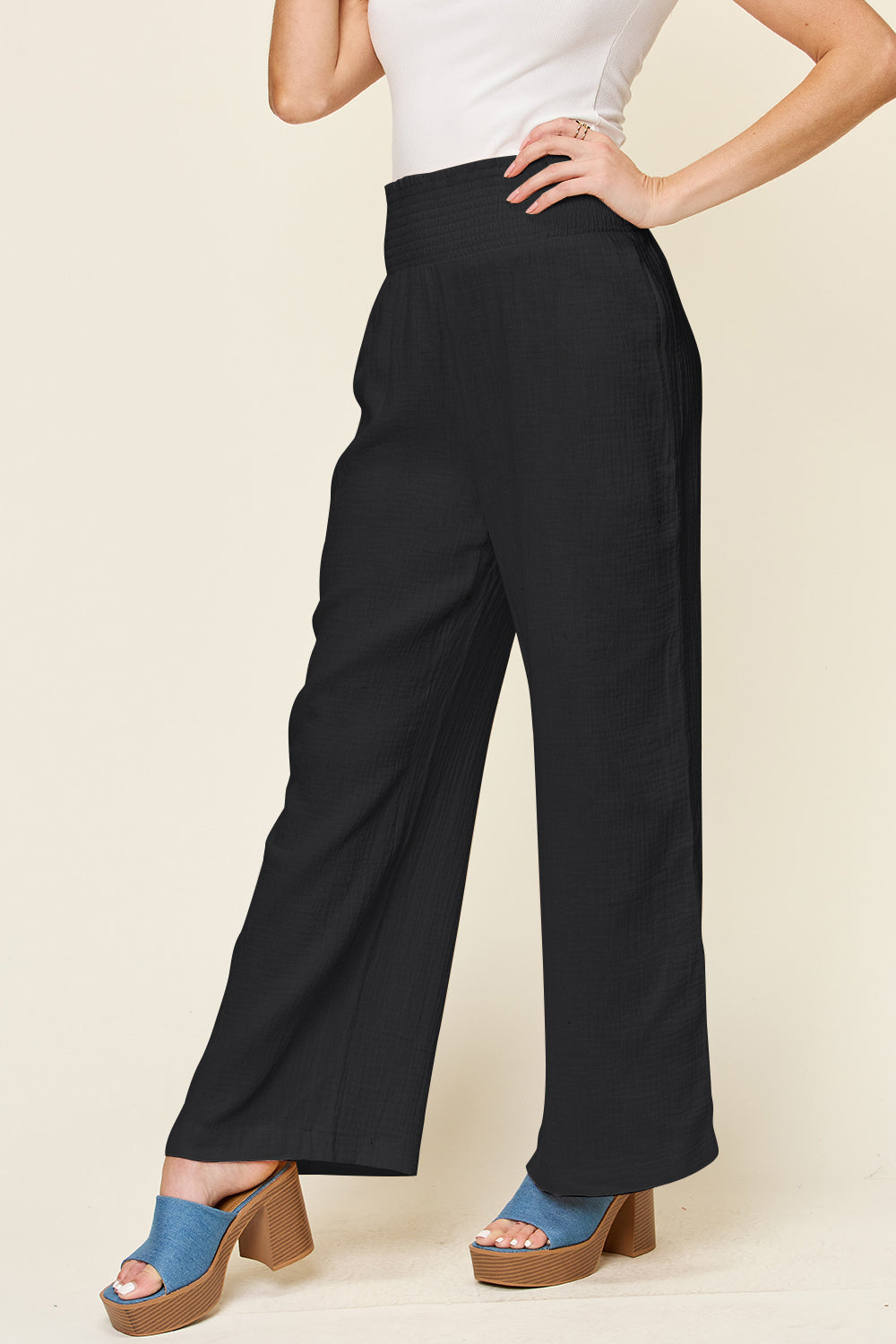 Double Take Full Size Texture Smocked Waist Wide Leg Pants - UrbanEthereal