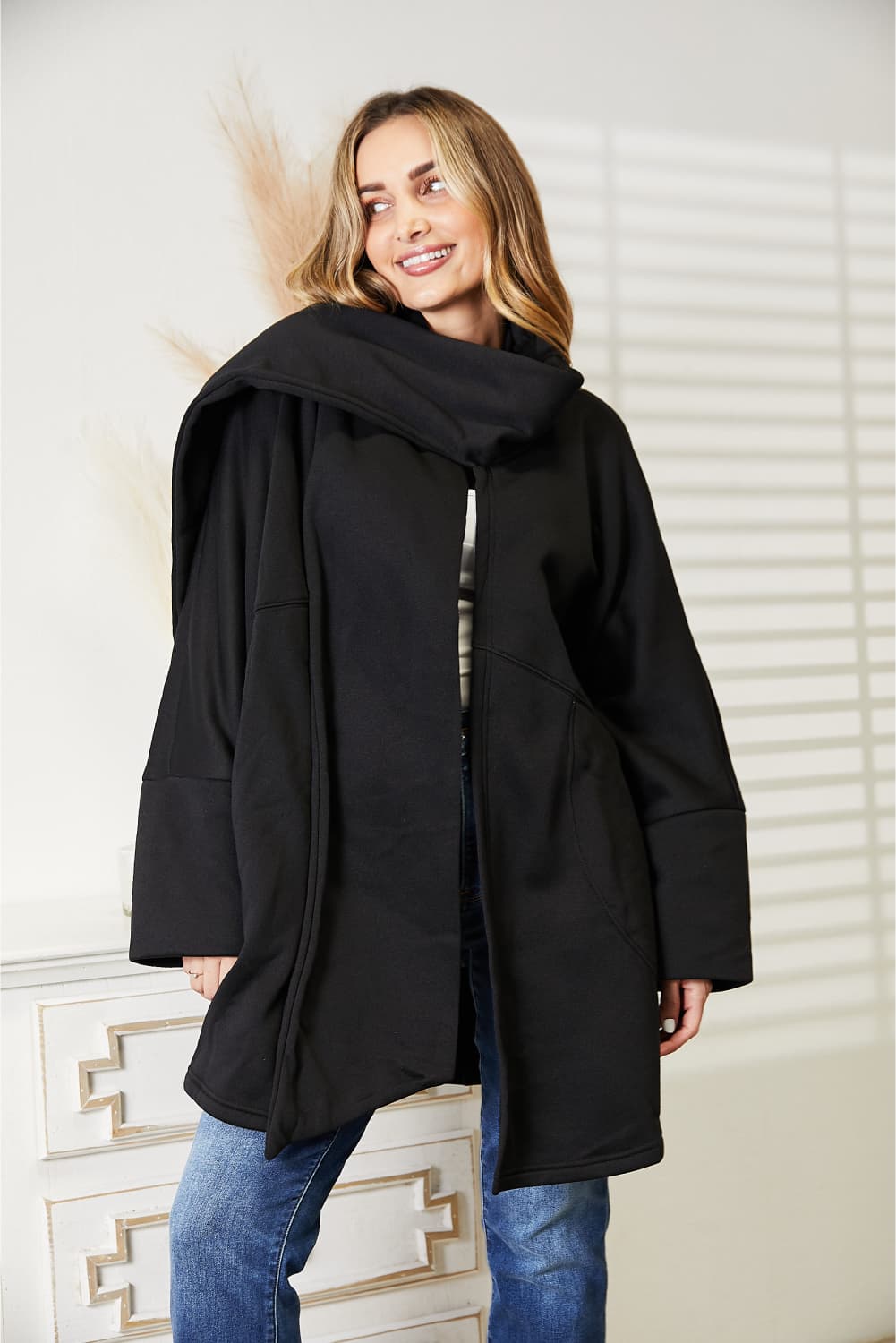 HEYSON Full Size Open Front Cardigan with Scarf Design - UrbanEthereal