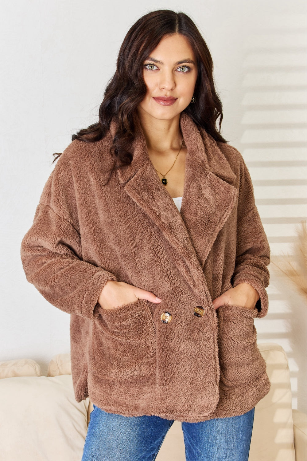 Culture Code Double Breasted Fuzzy Coat - UrbanEthereal