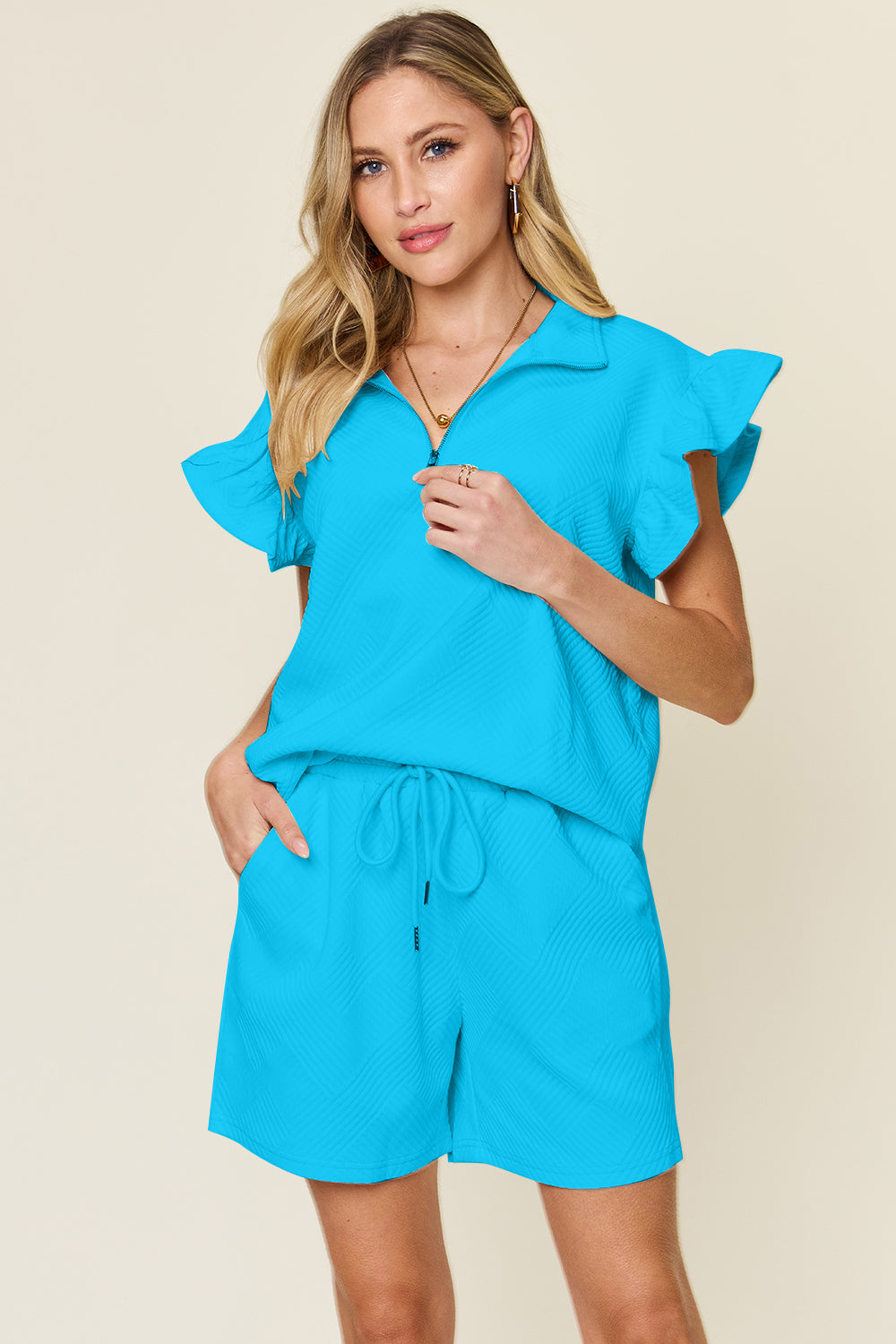 Double Take Full Size Texture Flounce Sleeve Top and Drawstring Shorts Set - UrbanEthereal