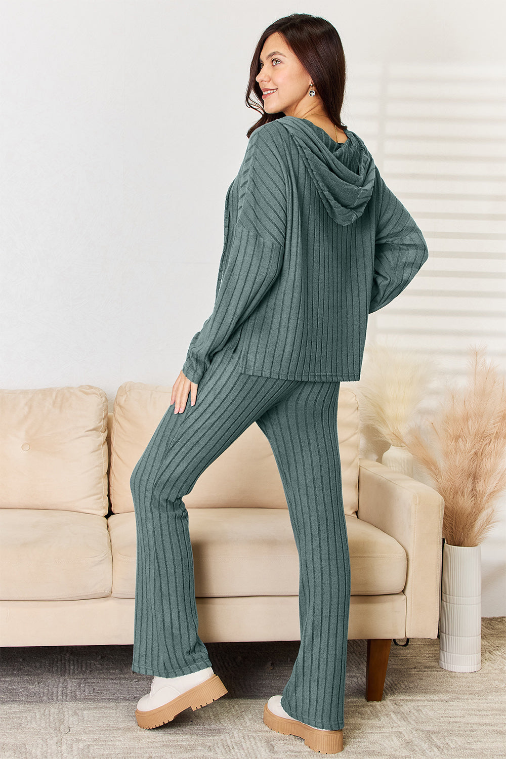 Basic Bae Full Size Ribbed Drawstring Hooded Top and Straight Pants Set - UrbanEthereal