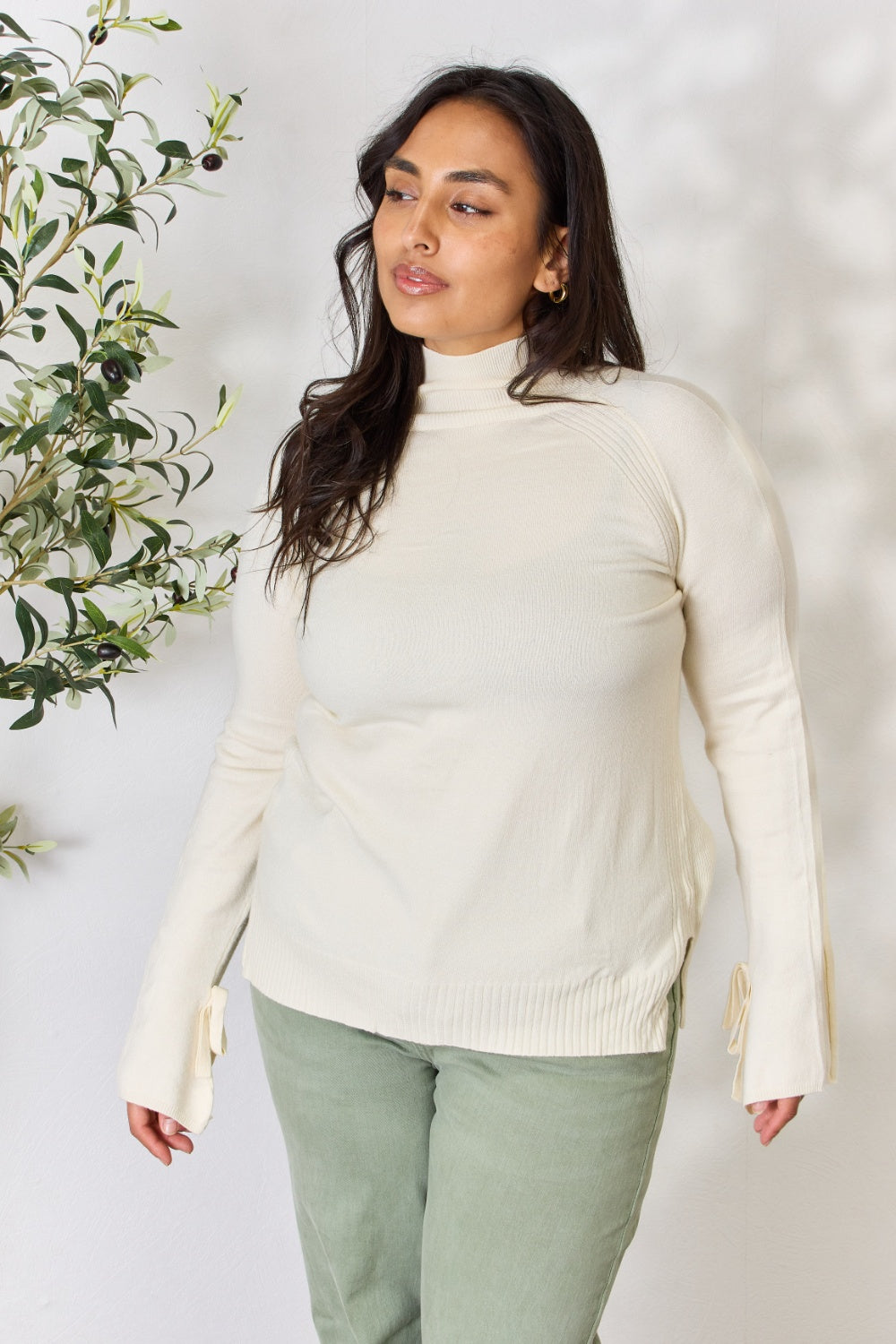 Heimish Full Size Ribbed Bow Detail Long Sleeve Turtleneck Knit Top - UrbanEthereal