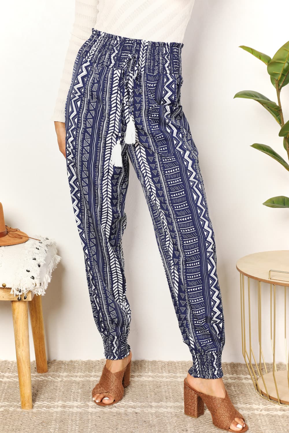 Geometric Print Tassel High-Rise Pants - UrbanEthereal