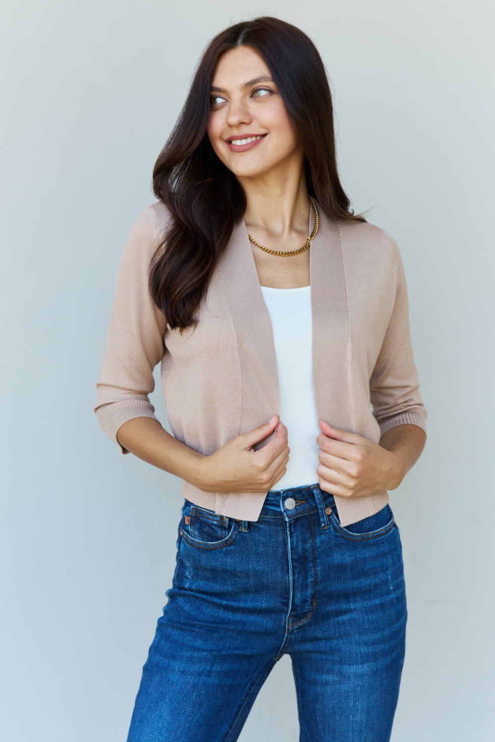 Doublju My Favorite Full Size 3/4 Sleeve Cropped Cardigan in Khaki - UrbanEthereal