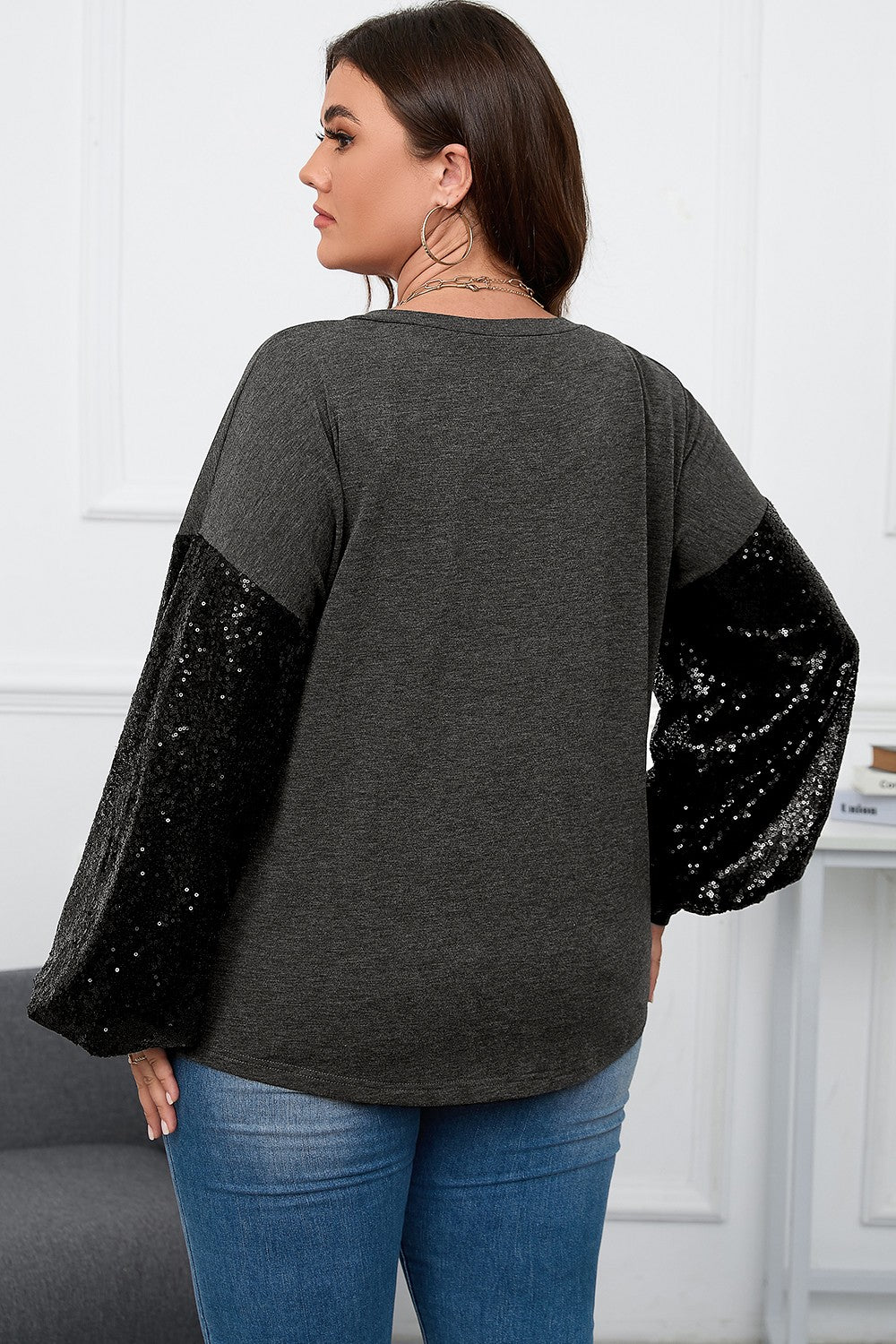 Plus Size Sequin Long Sleeve V-Neck Top - UrbanEthereal