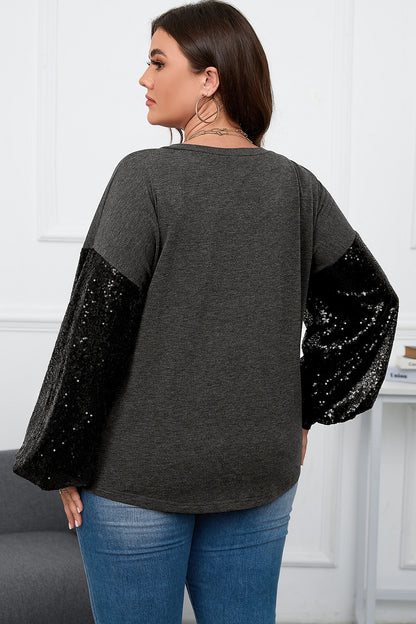 Plus Size Sequin Long Sleeve V-Neck Top - UrbanEthereal