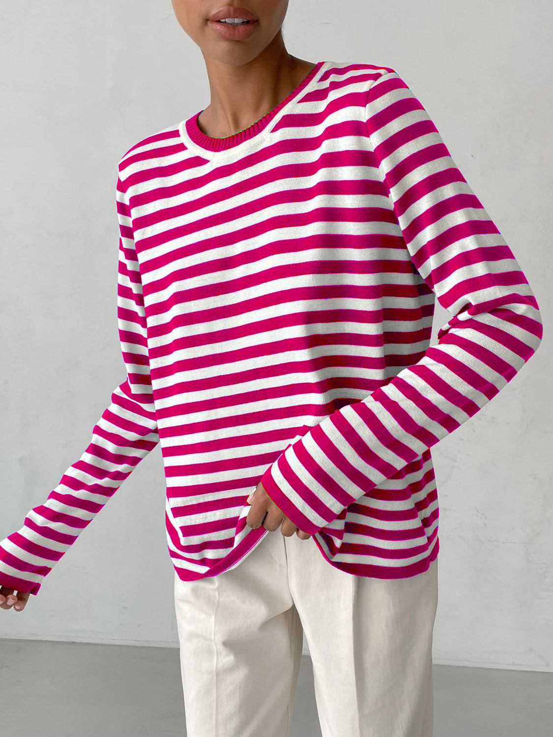 Striped Round Neck Long Sleeve Sweater