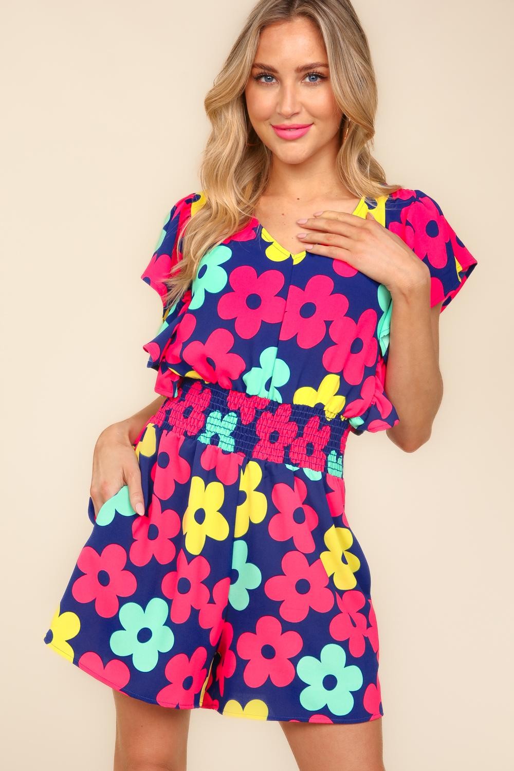 Haptics Floral Smocked Waist Romper with Side Pockets - UrbanEthereal