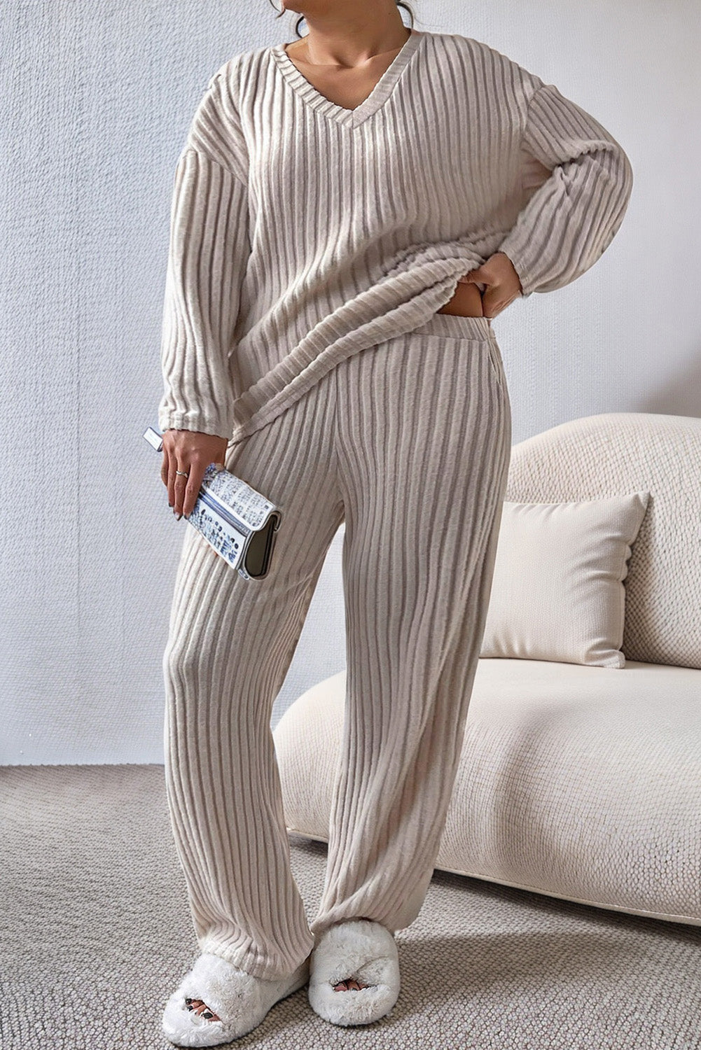 Plus Size Ribbed V-Neck Drop Shoulder Top and Pants Set - UrbanEthereal