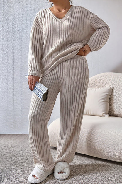 Plus Size Ribbed V-Neck Drop Shoulder Top and Pants Set - UrbanEthereal
