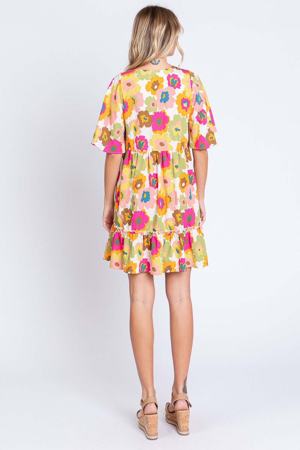 GeeGee Full Size Floral V-Neck Ruffle Trim Mini Dress - UrbanEthereal