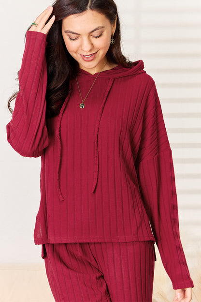 Basic Bae Full Size Ribbed Drawstring Hooded Top and Straight Pants Set - UrbanEthereal
