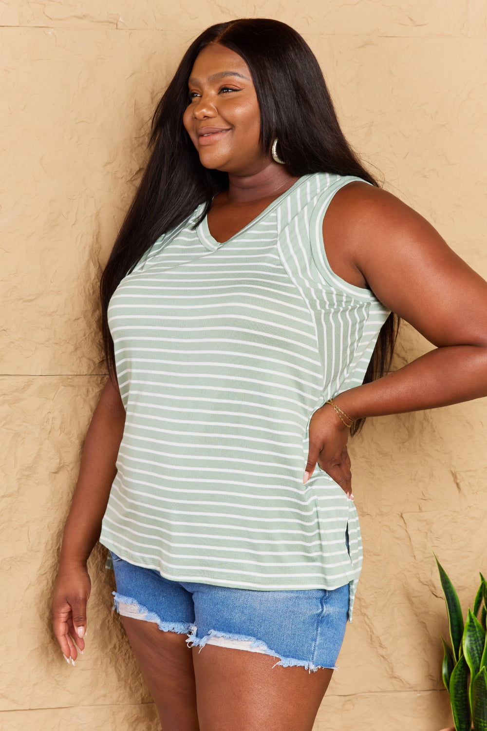 Doublju Full Size Striped Sleeveless V-Neck Top - UrbanEthereal