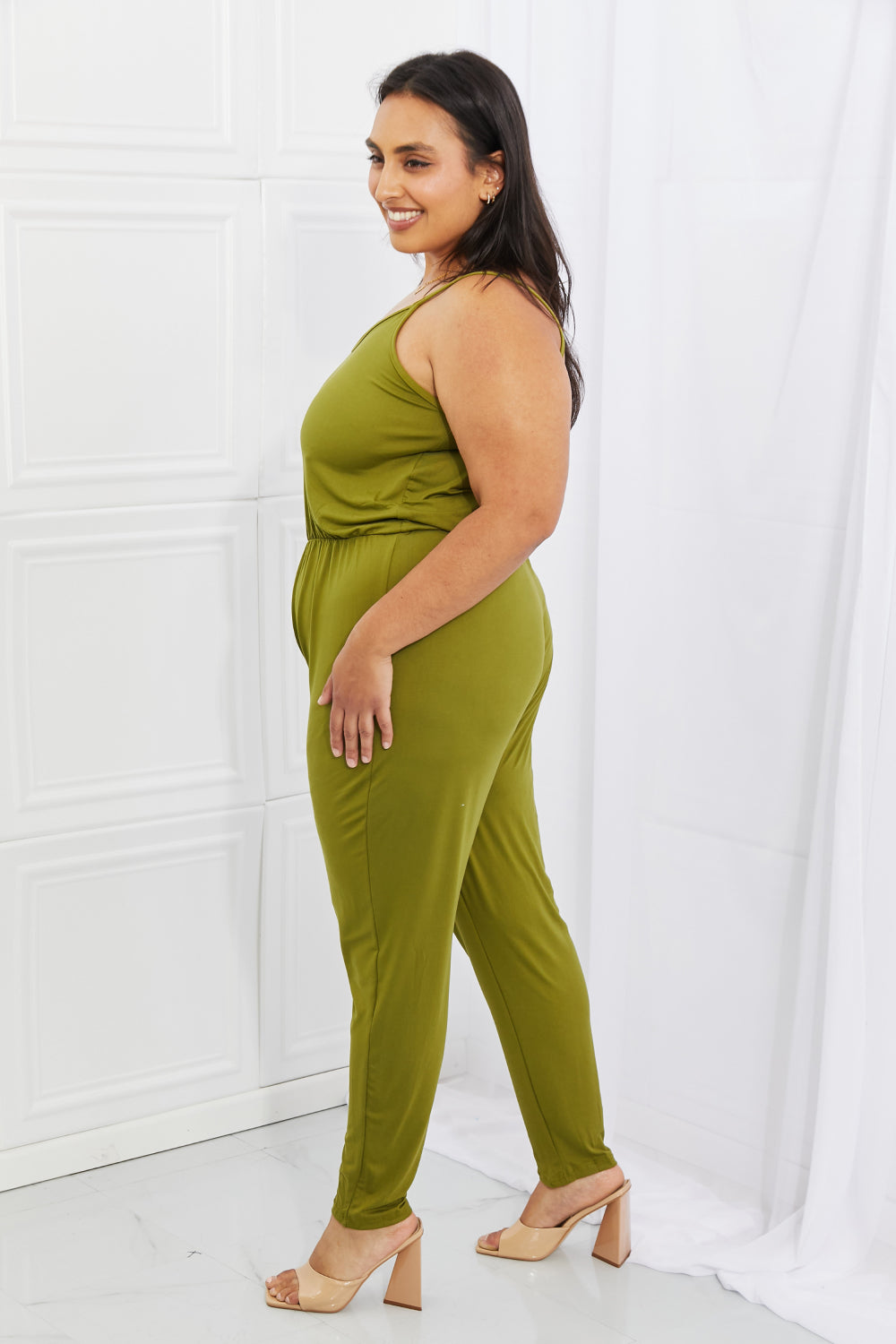 Capella Comfy Casual Full Size Solid Elastic Waistband Jumpsuit in Chartreuse - UrbanEthereal