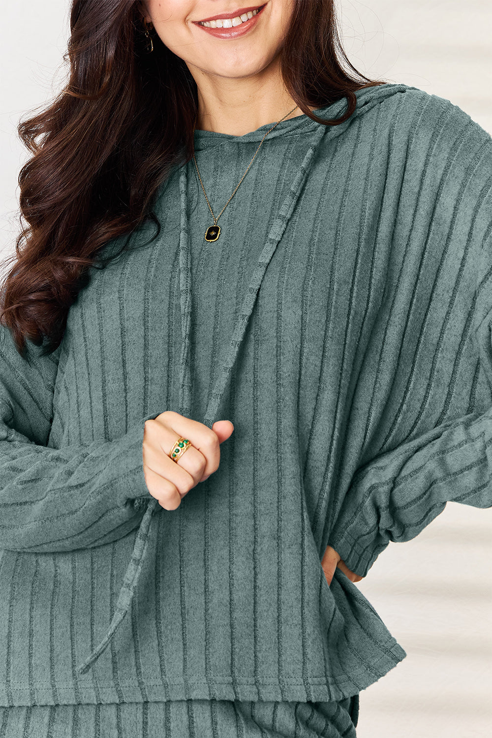 Basic Bae Full Size Ribbed Drawstring Hooded Top and Straight Pants Set - UrbanEthereal