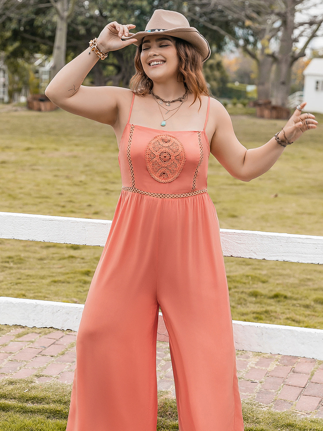 Plus Size Lace Detail Spaghetti Strap Wide Leg Jumpsuit - UrbanEthereal