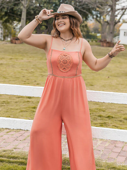 Plus Size Lace Detail Spaghetti Strap Wide Leg Jumpsuit - UrbanEthereal
