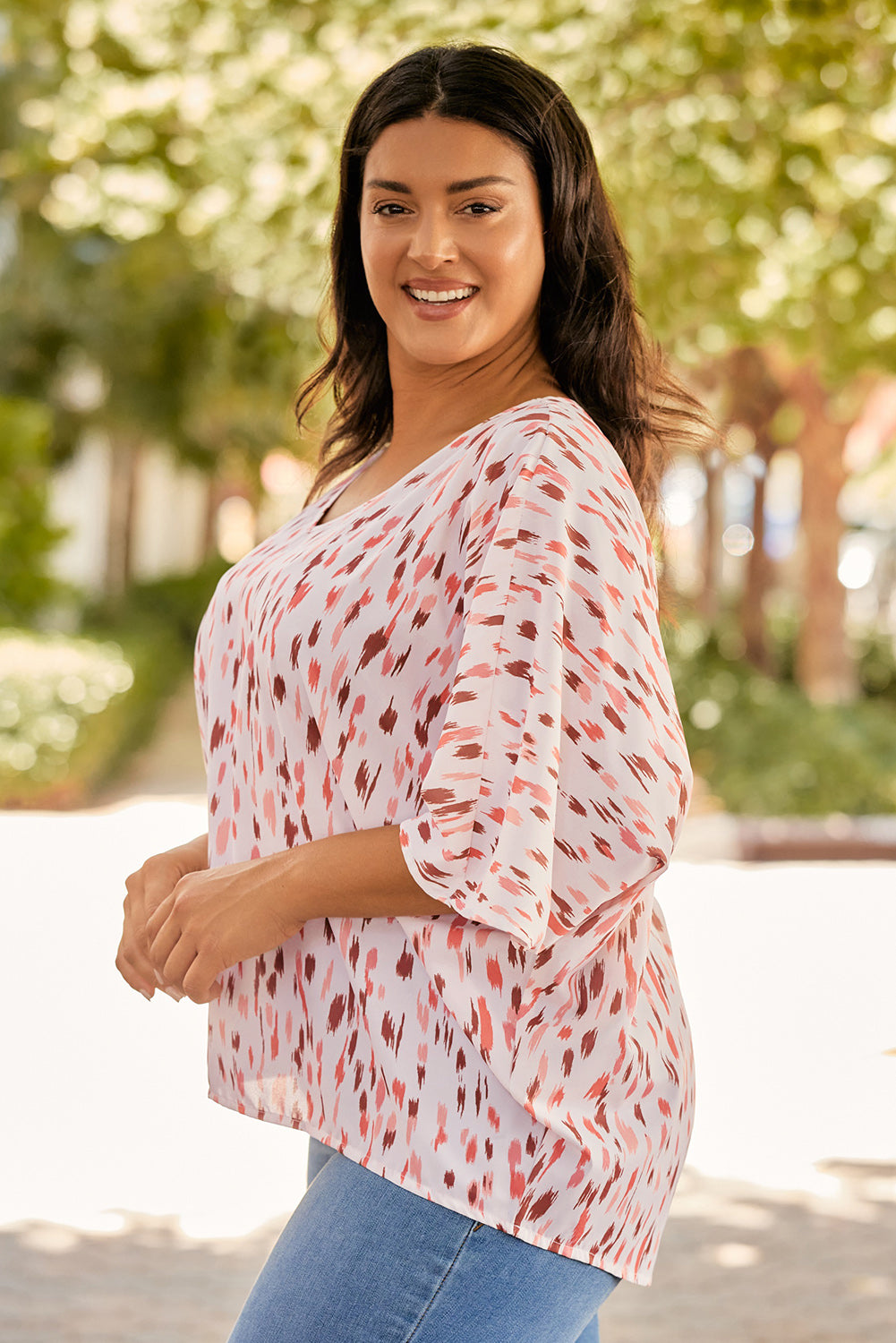 Plus Size Printed V-Neck Blouse - UrbanEthereal