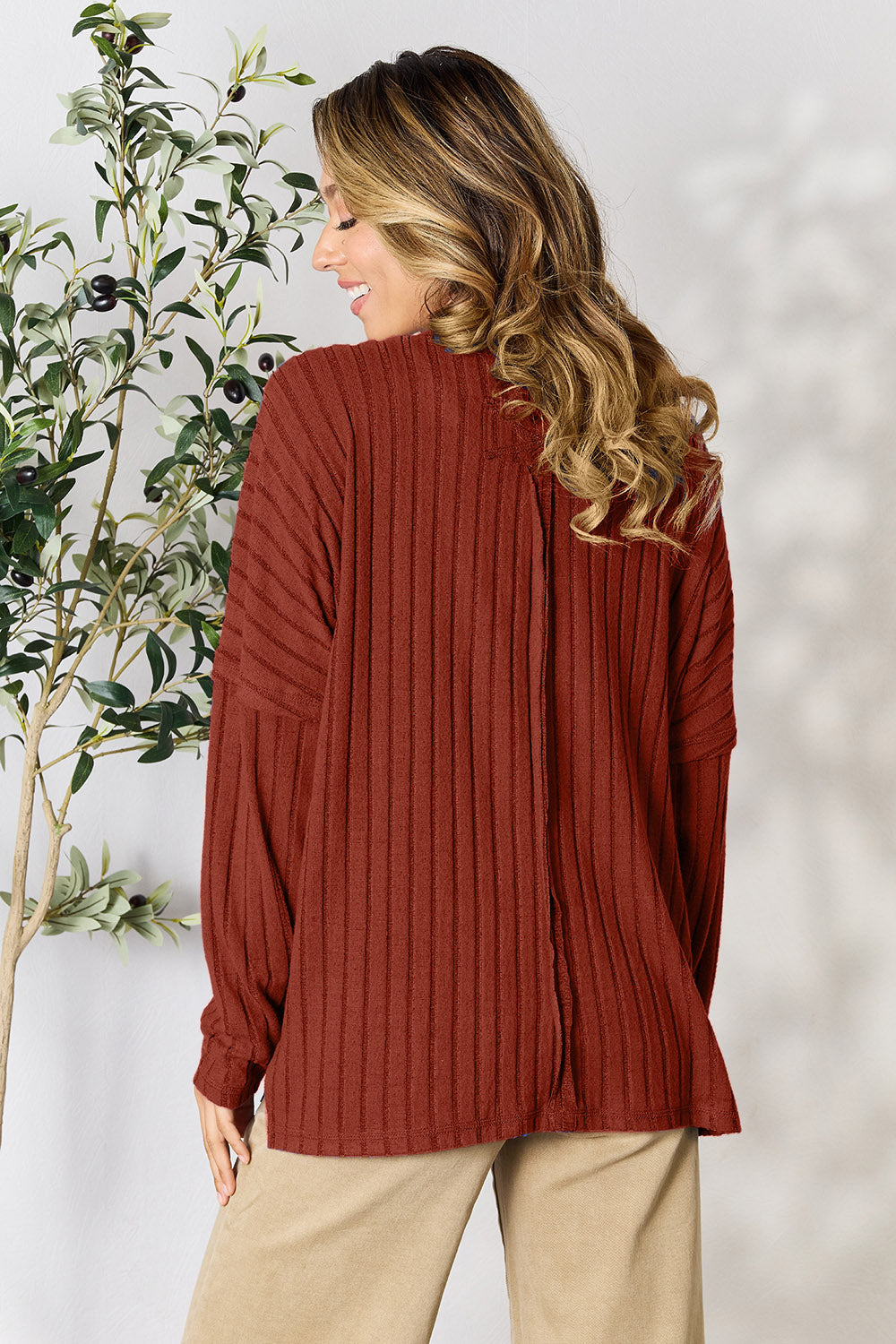 Basic Bae Full Size Ribbed Round Neck Slit Knit Top - UrbanEthereal