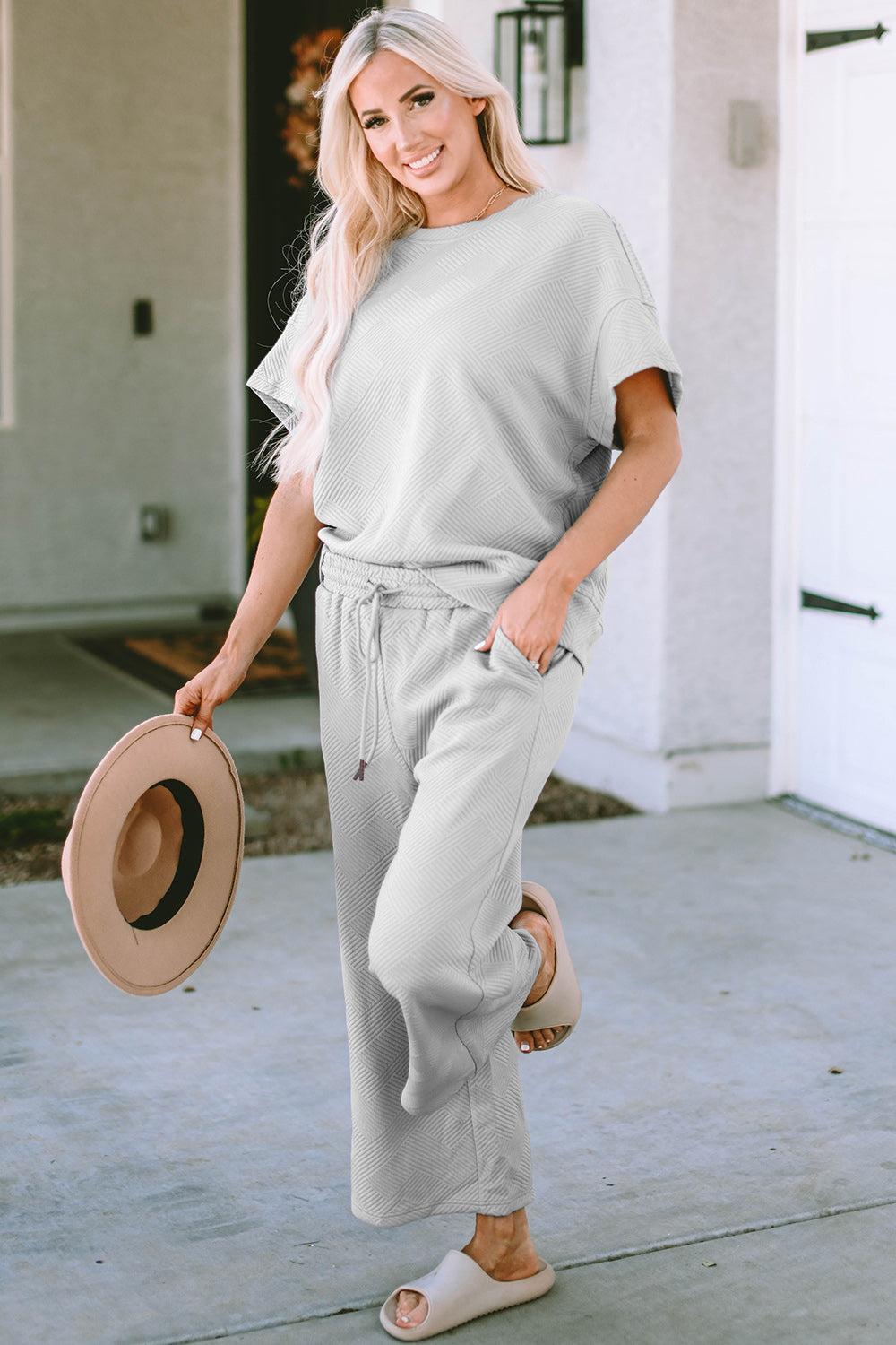 Double Take Full Size Texture Short Sleeve Top and Pants Set - UrbanEthereal