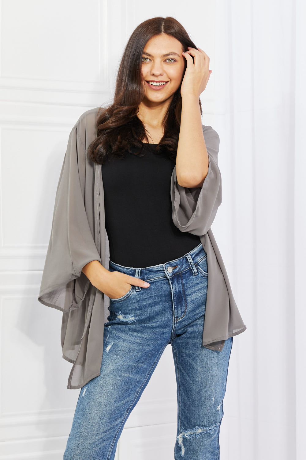 Melody Just Breathe Full Size Chiffon Kimono in Grey - UrbanEthereal