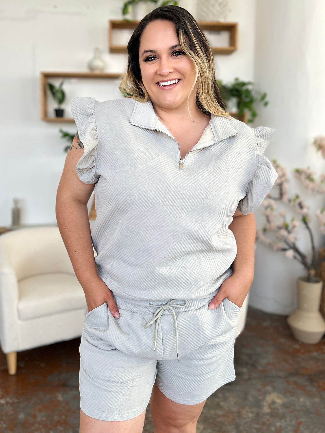 Double Take Full Size Texture Flounce Sleeve Top and Drawstring Shorts Set - UrbanEthereal