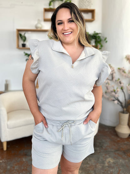 Double Take Full Size Texture Flounce Sleeve Top and Drawstring Shorts Set - UrbanEthereal