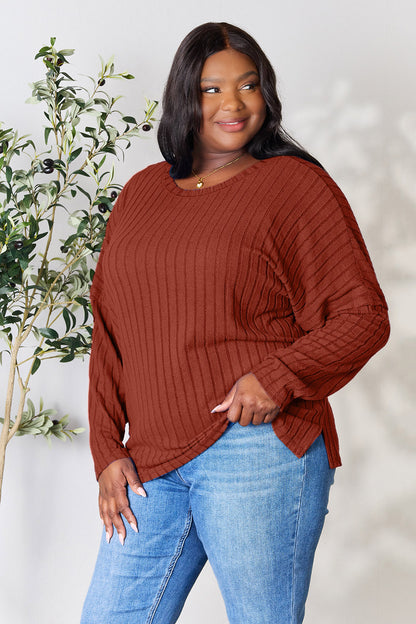Basic Bae Full Size Ribbed Round Neck Slit Knit Top - UrbanEthereal