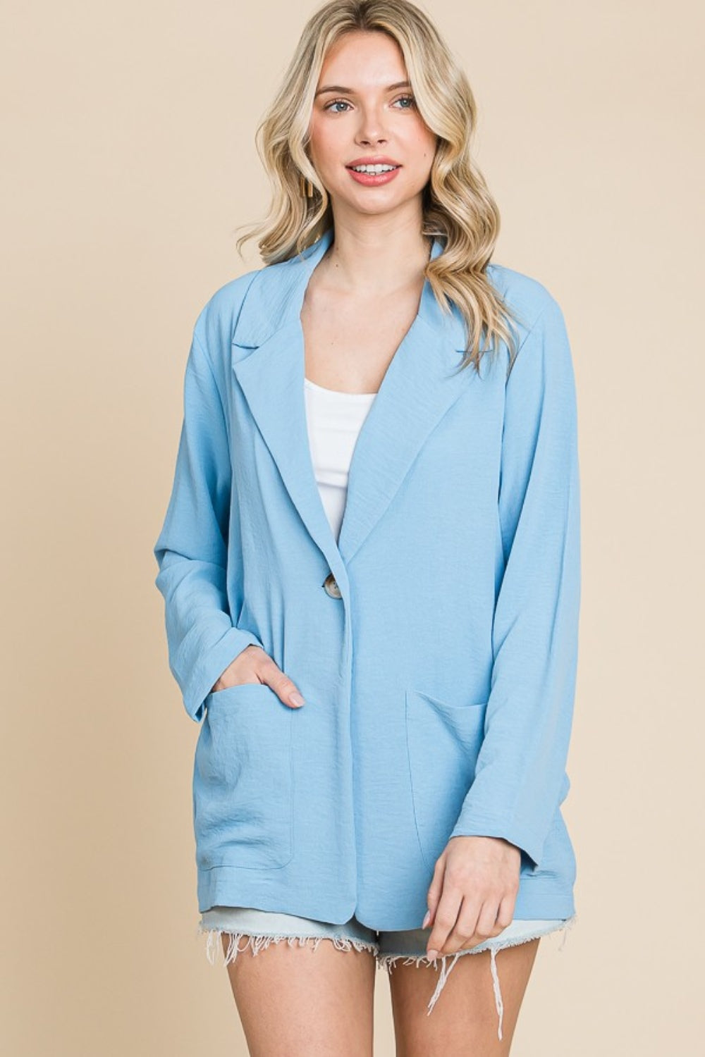 Culture Code One Button Long Sleeve Blazer with Pockets - UrbanEthereal