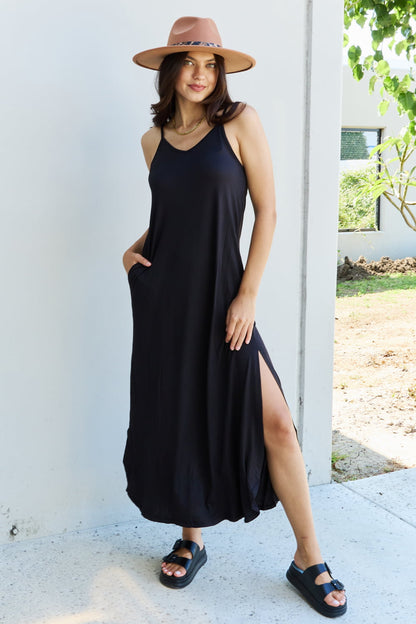 Ninexis Good Energy Full Size Cami Side Slit Maxi Dress in Black - UrbanEthereal