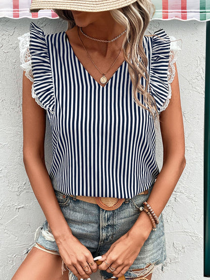 Lace Detail Ruffled Striped V-Neck Cap Sleeve Blouse - UrbanEthereal