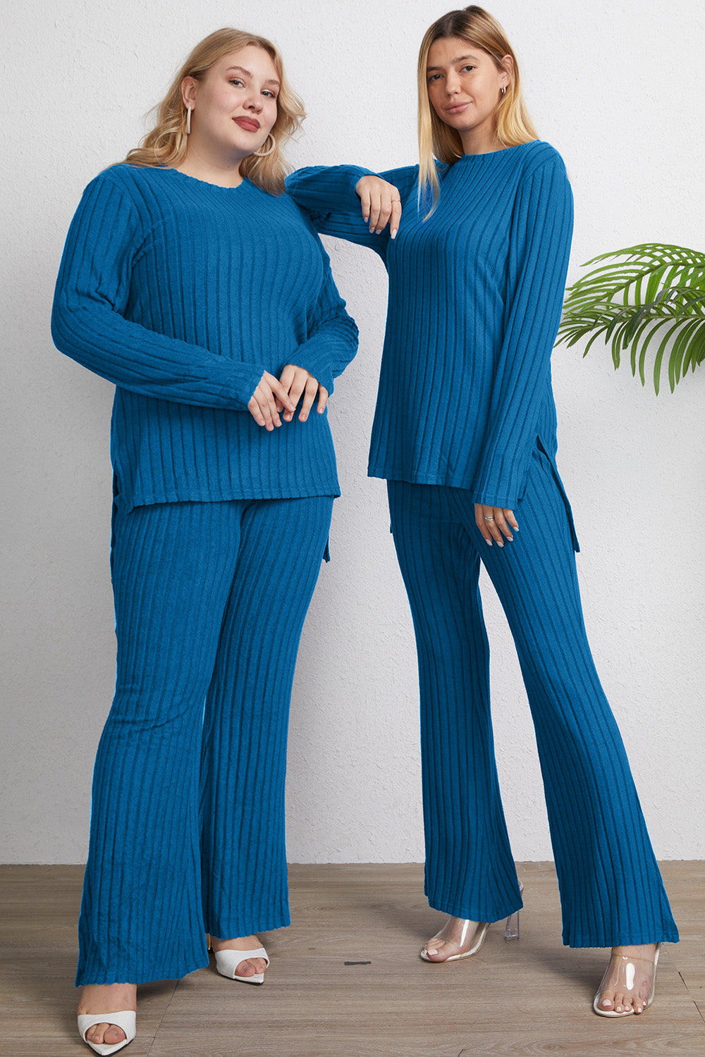 Basic Bae Full Size Ribbed High-Low Top and Wide Leg Pants Set - UrbanEthereal