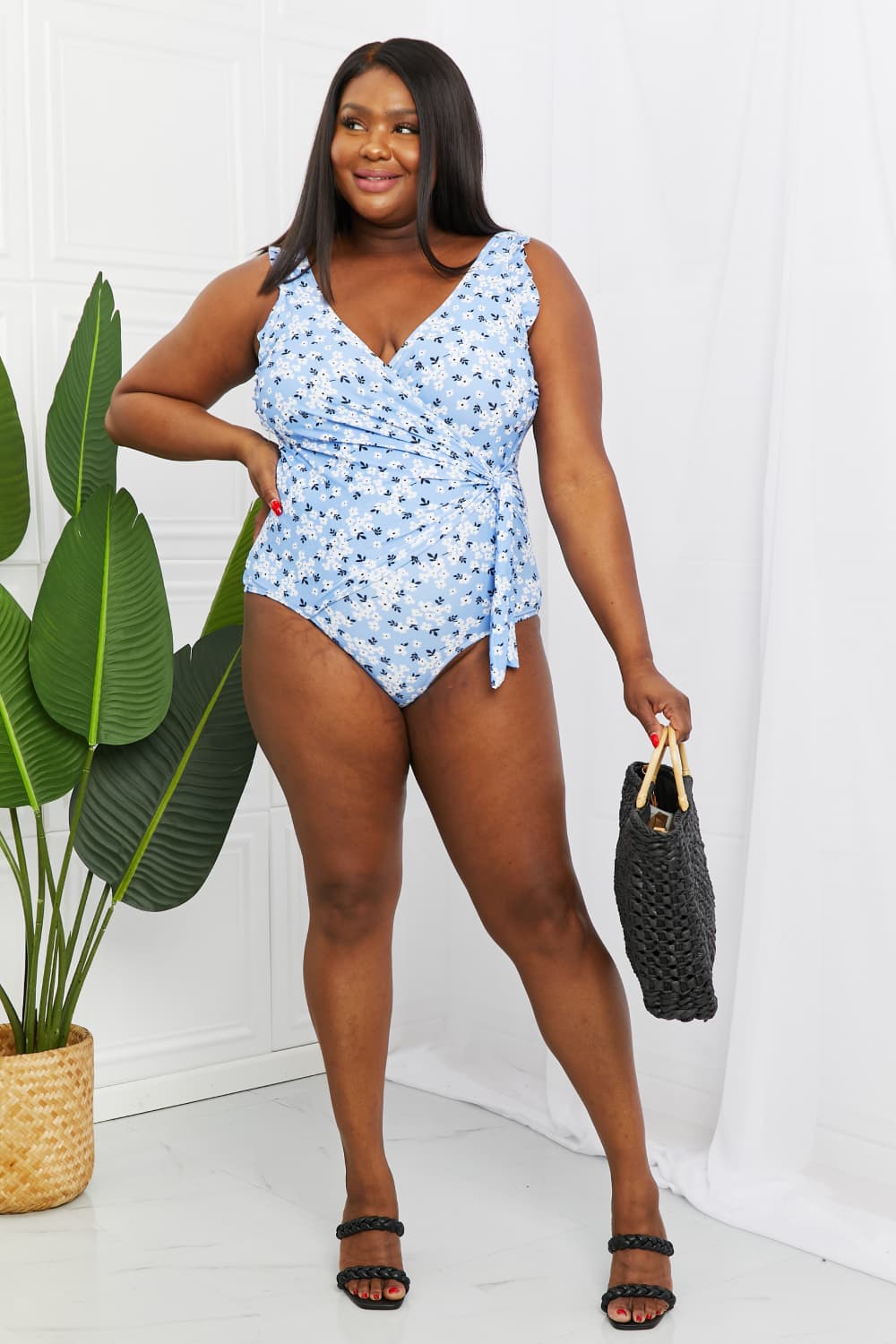 Marina West Swim Full Size Float On Ruffle Faux Wrap One-Piece in Blossom Blue - UrbanEthereal