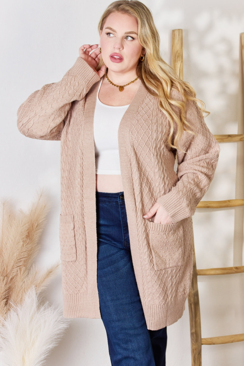 Hailey & Co Full Size Cable-Knit Pocketed Cardigan - UrbanEthereal