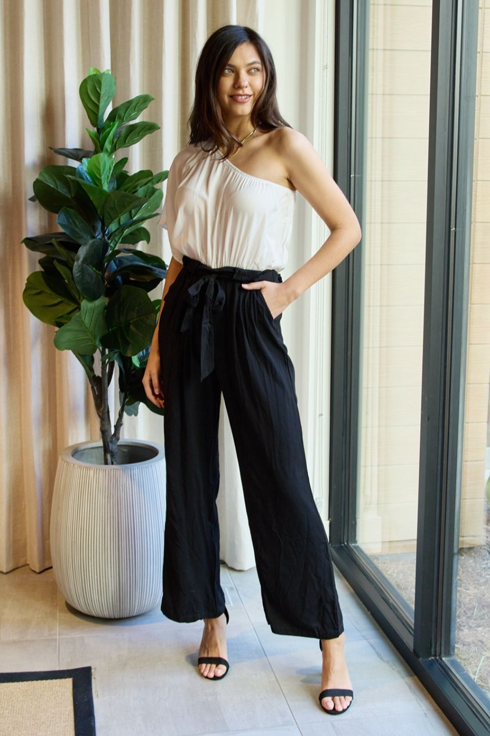Dress Day Marvelous in Manhattan One-Shoulder Jumpsuit in White/Black - UrbanEthereal