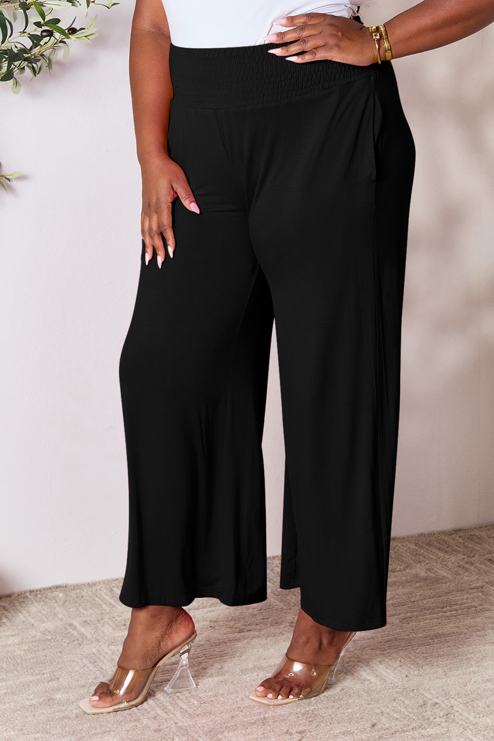 Double Take Full Size Smocked Wide Waistband Wide Leg Pants - UrbanEthereal