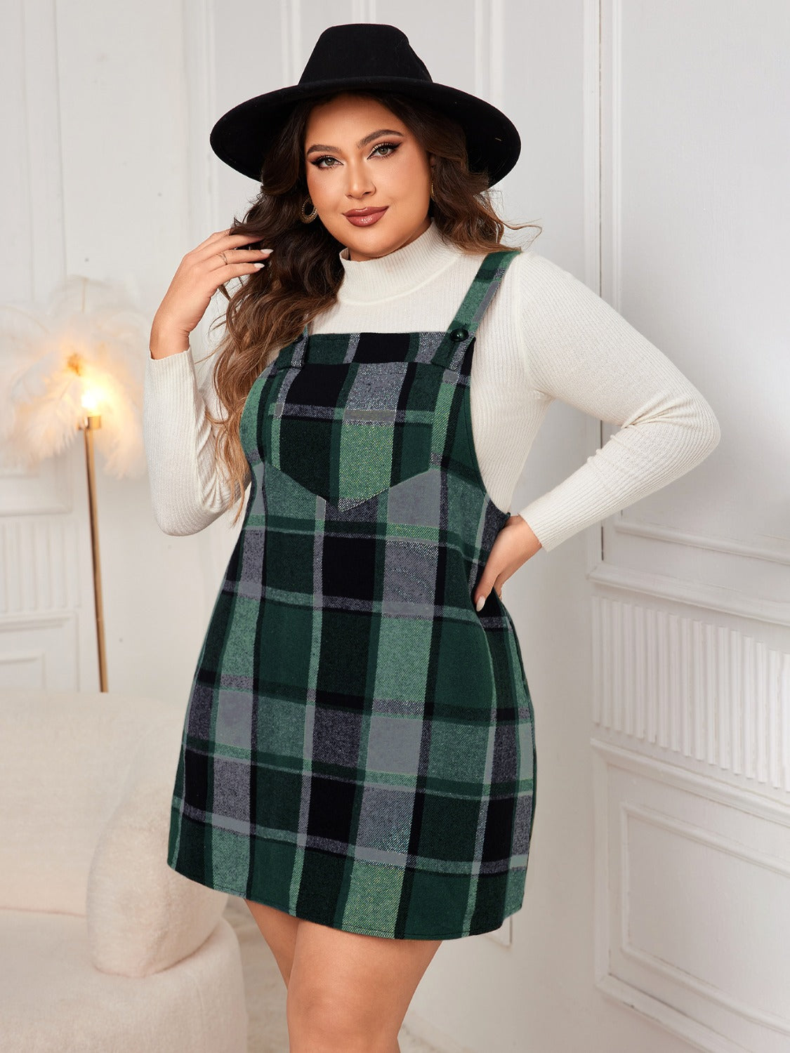 Plus Size Plaid Wide Strap Overall Dress - UrbanEthereal