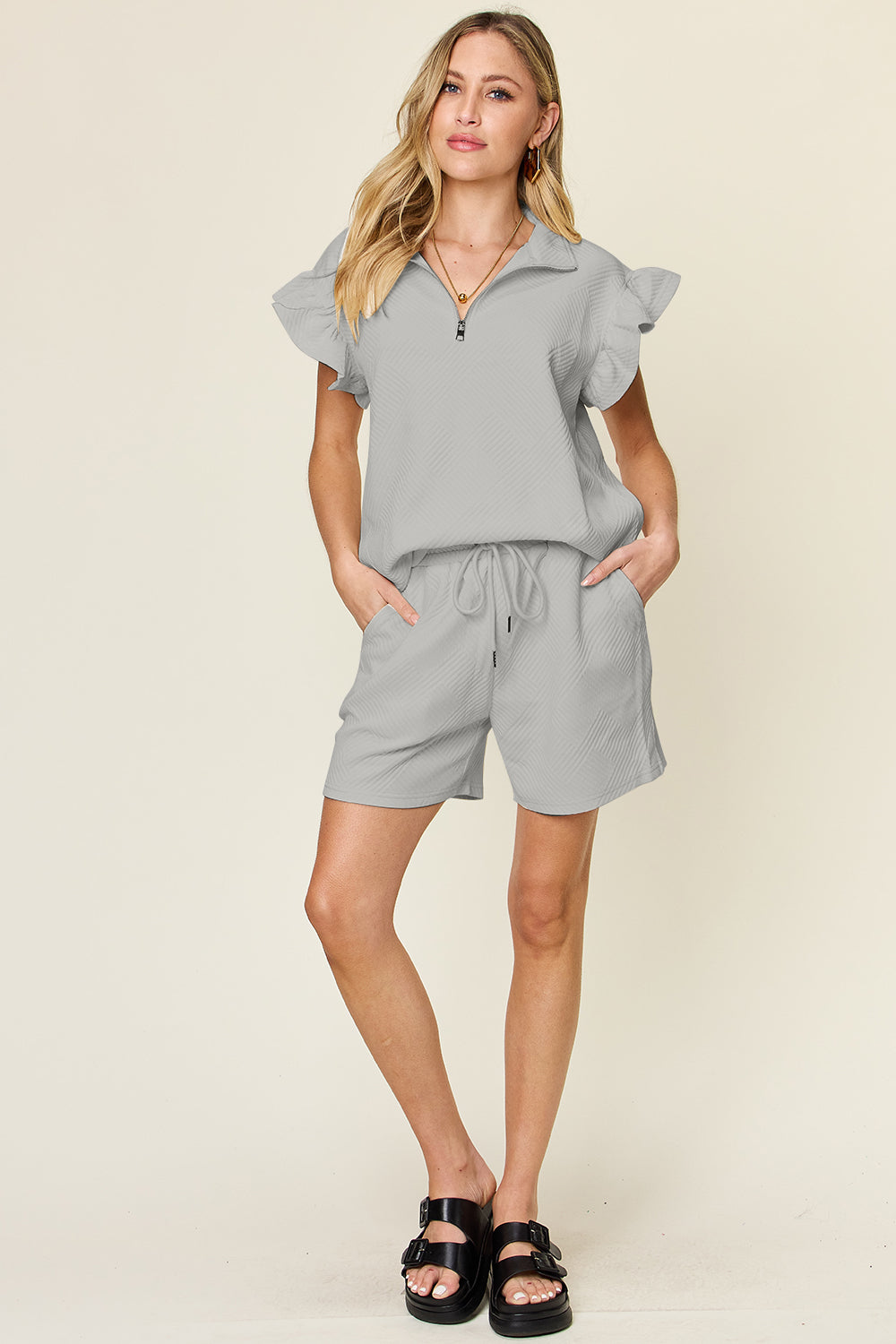 Double Take Full Size Texture Flounce Sleeve Top and Drawstring Shorts Set - UrbanEthereal
