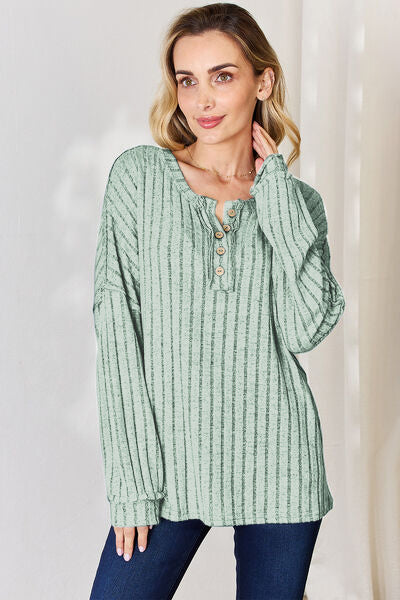 Basic Bae Full Size Ribbed Half Button Long Sleeve T-Shirt - UrbanEthereal