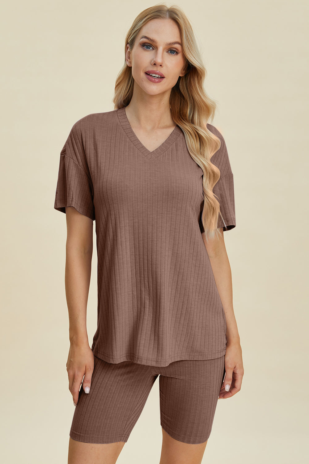 Basic Bae Full Size Ribbed V-Neck Short Sleeve Top and Shorts Set - UrbanEthereal