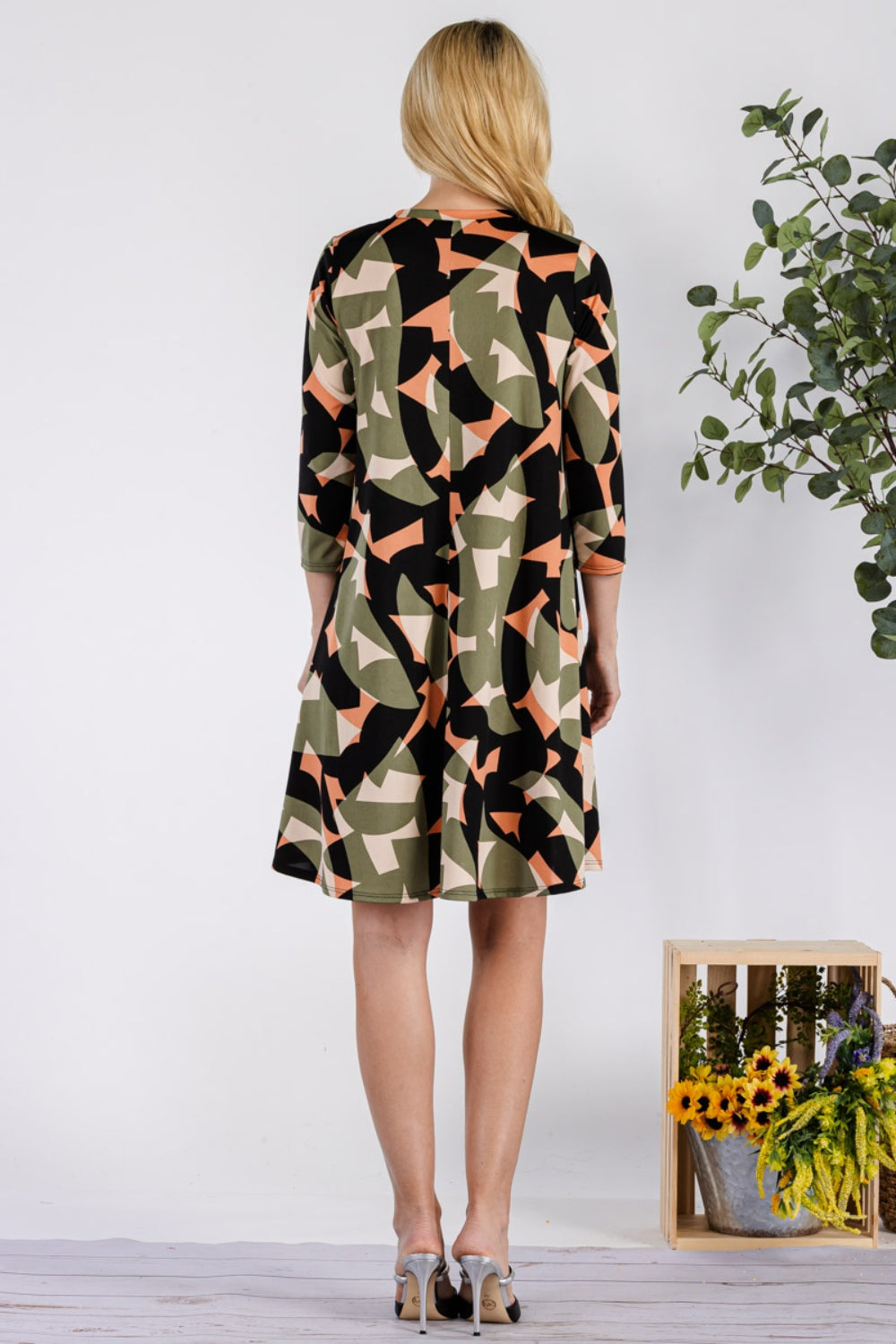 Celeste Full Size Geometric Round Neck Dress with Pockets - UrbanEthereal
