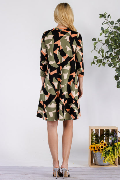 Celeste Full Size Geometric Round Neck Dress with Pockets - UrbanEthereal