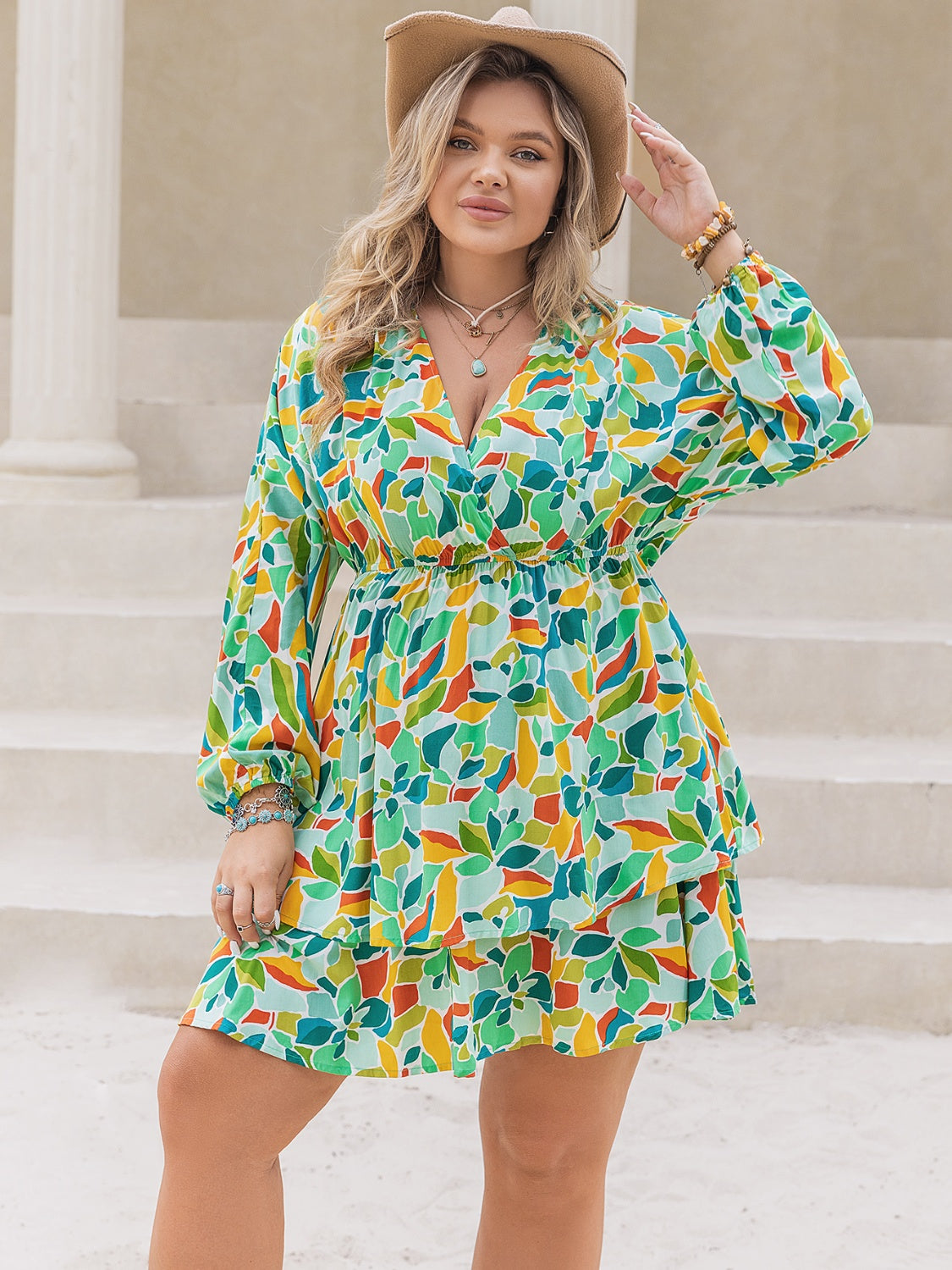 Plus Size Printed Surplice Long Sleeve Mini Dress - UrbanEthereal