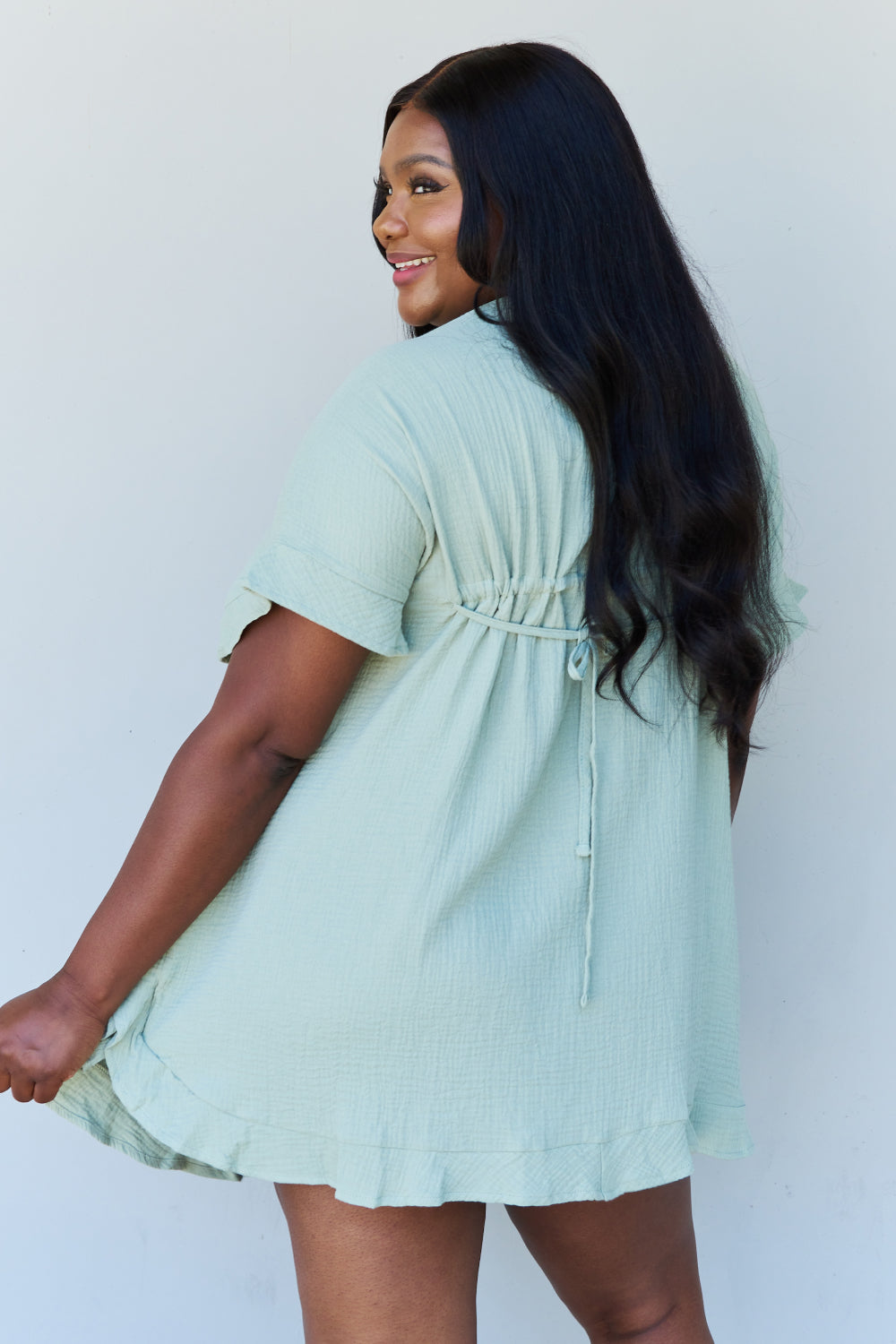 Ninexis Out Of Time Full Size Ruffle Hem Dress with Drawstring Waistband in Light Sage - UrbanEthereal