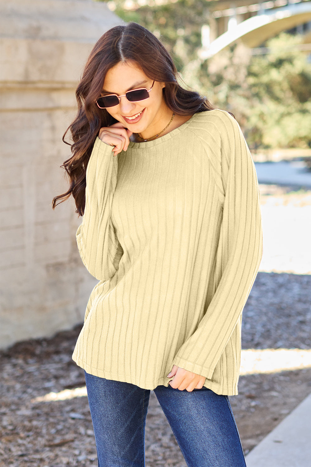 Basic Bae Full Size Ribbed Round Neck Long Sleeve Knit Top - UrbanEthereal